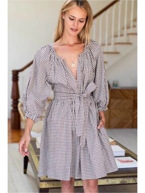 Emerson Fry Rakel Keyhole Short Brown Gingham Dress XS Coquette Cottagecore
